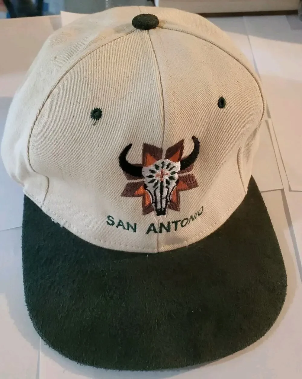 Vintage 90s San Antonio Texas Cowboy Black Suede Green Brim Strapback Hat